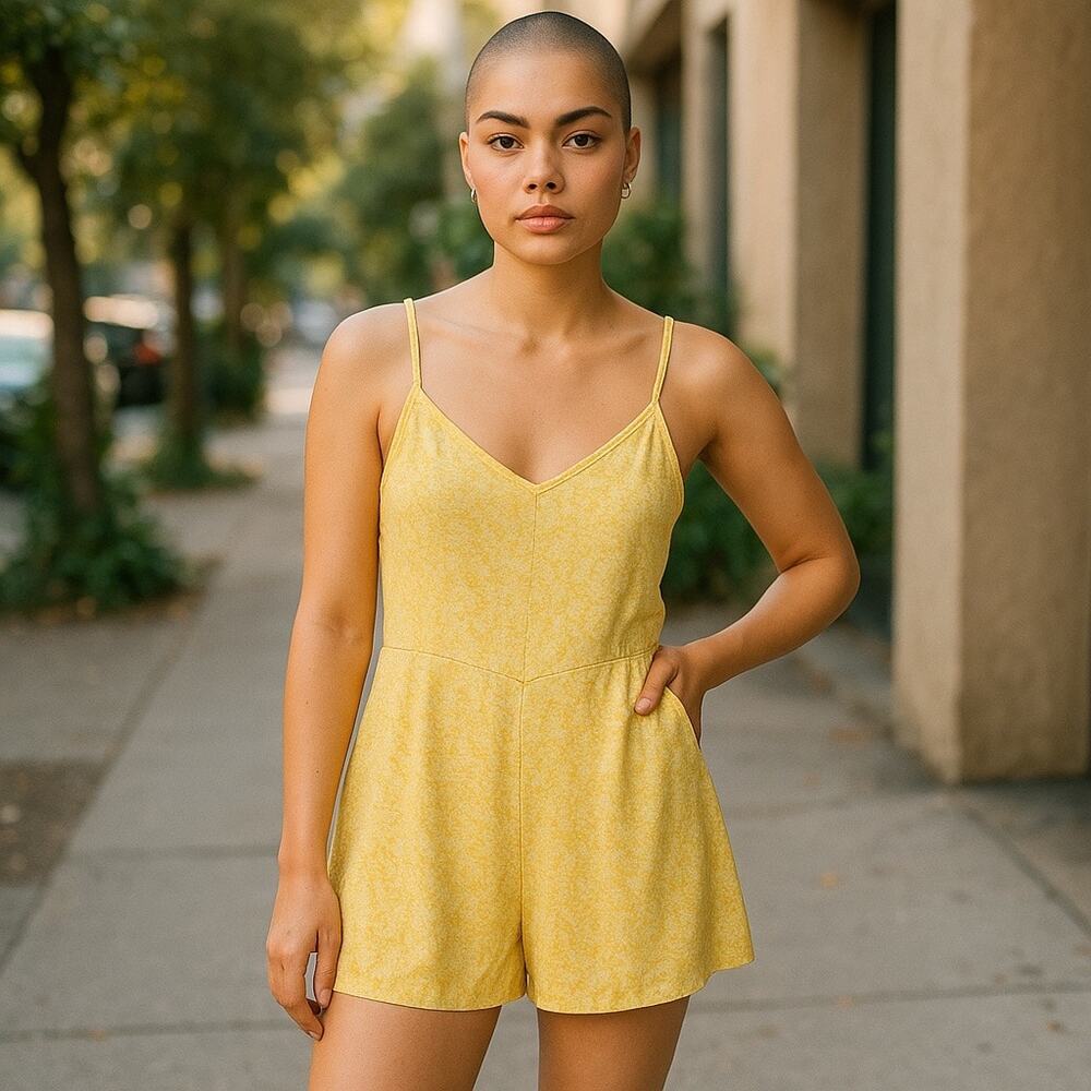 Women’s Yellow Rayon Floral Romper S Summer Vacation Resortwear